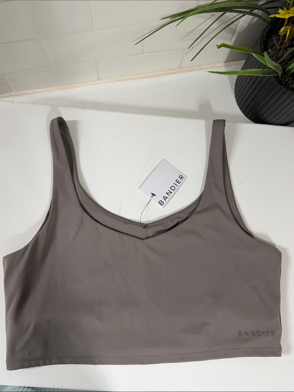 Bandier V neck Tempo Bra . NEW with tags . Taupe color